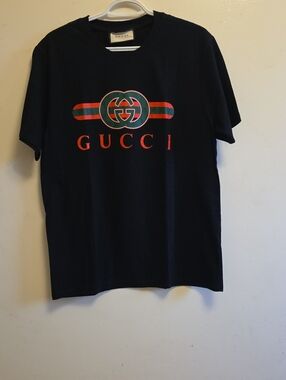 Gucci Black Tee with Red and Green Logo Stripe